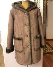 Coat Reversible Faux Suede Fur Mink Brown Hooded