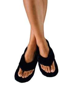 new  ʊ Shearling Fur Outdoor Slipper Thong Sandals ʊ Black 9M ʊ in Box