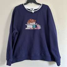 C&K Vintage Blue Crewneck Sweatshirt Cat Books Casual Comfy 2X