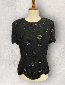 Vintage Black Beaded Silk Top | Black Tie Oleg Cassini | Size Small