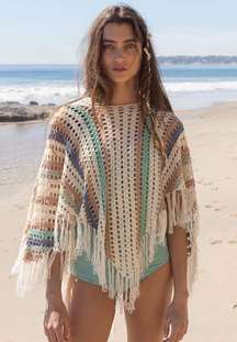 Bikini cover up crochet style fringe hoodie stripe cream multi green sweater