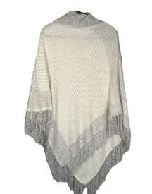 Mia & Tessa White & Gray Cape Cowl Neck Tassel Knit Poncho Women Sz OS