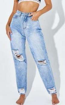 NWT PRETTYLITTLETHING Vintage Wash Extreme Ripped Hem Knee Rip Mom Jeans