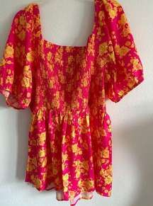 Jodifl Pink Floral Square Neck Smocked Puff Sleeve Womens Blouse Top Size 2X NWT