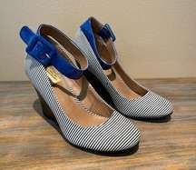 MixNo 6 Striped Wedge Heels Blue White Party Ankle Straps Womens 7