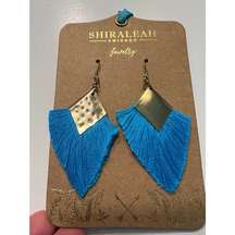 New Shiraleah Selma Boho Blue Fringe‎ Hammered Brass Drop Earrings