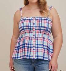 NWT Torrid Peplum Smocked Bodice Cami - Crinkle Gauze Plaid White size 1X