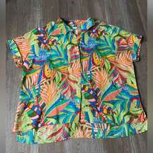 C&C California Funky Floral Multi Color Boho Linen Short Sleeve Button Up XL