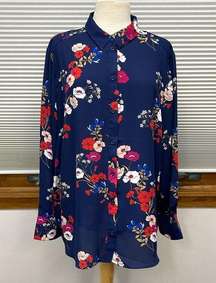 Popsugar Blue Floral Print Long Sleeve Button Down Blouse Size 1X