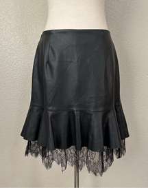 Who What Wear Black Faux Leather Mini Skirt with Ruffle Lace Hem