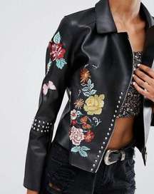 Floral Embroidered Studded Leather Jacket