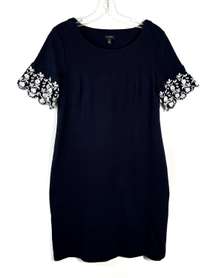 Navy Blue White Embroidered Short Sleeve Shift Dress Small S Preppy