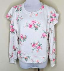 Lou & Grey Sweatshirt MEDIUM White Pink Ruffle Pullover Crewneck Bouquet Floral