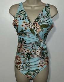 Palisades Beach Club Blue Wrap Floral One Piece Swimsuit Women’s L Large