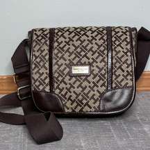 Tommy Hilfiger Brown Shoulder Crossbody Saddlebag Monogram Logo TH Print Y2K