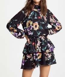 Yumi Kim Class Act Black Floral Mini Dress Tiered Ruffle Short LBD Flowers M