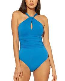 Rod Beattie Goddess Keyhole High Neck One-Piece Swimsuit in Miramar Bleu 6 NWT