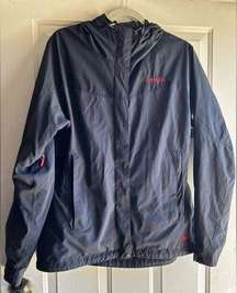 MARMOT RAINCOAT SIZE LARGE EXCELLENT USED CONDITION; NAVY WITH RED ACCENTS