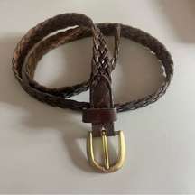 VINTAGE Brown Braided Leather Belt with Gold Buckle