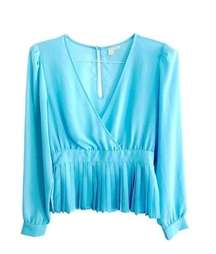 Y2K Vintage Blue Sheer Chiffon Pleated Hem Coquette Blouse Sz. Medium Feminine