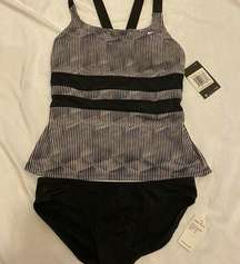 NEW NIKE Swim Tankini 2 Piece Active‎ Swimsuit Stripe Black Womens Size M