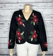 Coldwater Creek Size XXL Black - Poinsettia Wool Rabbit Hair Sweater Cardigan