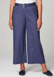 J. Jill Jenna Striped Linen Wide Leg Crop Pants Denim Blue Small Elastic Waist