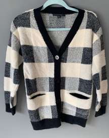 Black And White Plaid Fuzzy Button Cardigan