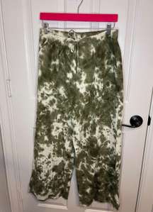 Green + White Bohemian Tie Dye Wide Leg Cropped Pants Pockets Size M