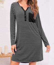 Ekouaer Lounge wear  Long Sleeve Button Down v neck Sleepwear dress, Size L