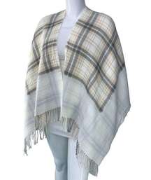 J Jill Womens One Size Poncho Sweater Wrap Plaid Acrylic Fringe Neutral Soft