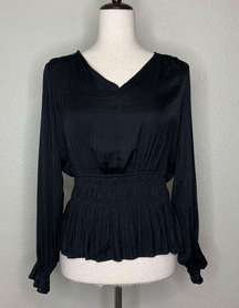 Philosophy Black Silky Smocked Pleated V-neck Peplum Top