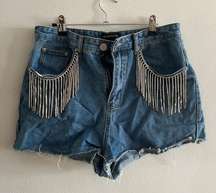 rhinestone fringe denim shorts- size 8