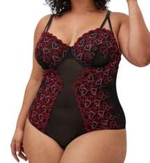 Underwire Bodysuit Embroidered Hearts Black Red Pink Bodysuit Lingerie 1