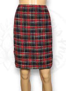 Rachel Zoe Plaid Tweed Pencil Skirt Red Black Gold Jacquard High Waist Size M