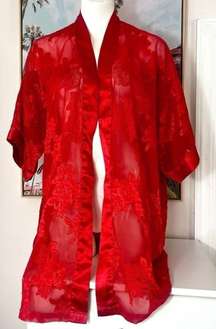 Contessa Di Roma Red Floral Rose Sheer Negligee Robe Satin Trim Size Medium