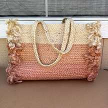 Shiraleah Chiara Ombré Jute Tote Bag Fringe Beach Cruise Pink Coral Peach