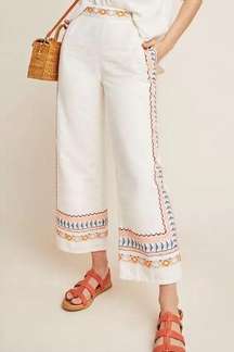 Anthropologie Wide Leg Boho Embroidered Linen Pants with Pockets White 0