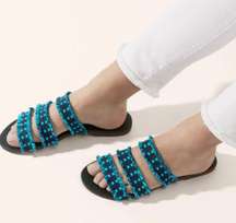 ROTHYS- Triple Band Teal Blue Fringe Sandals Summer Vacation Resort Boho