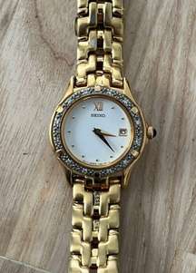 Seiko Diamond Ladies Watch Vintage Gold Tone Bracelet White Dial Date Window