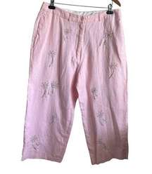 Saint Tropez West Women Linen Crop Pants Palm Tree Print Size 16 Pink Beachy