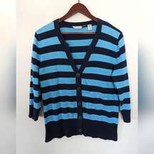 Willow Bay Blue and Navy Button Up Cardigan  Sweater 3/4 Sleeves Stripes Size M