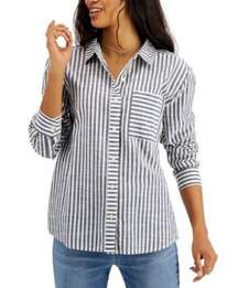 Style & Co Cotton Striped Boyfriend Shirt Antique Blue & White Size XL New w/Tag