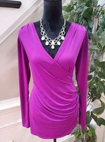 Sofia Vergara Womens Purple Solid Polyester V-Neck Long Sleeve Top Blouse Size L