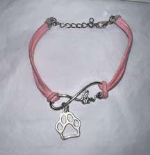 Pink Leather and Silver Tone Infinity Love Paw Charm Bracelet