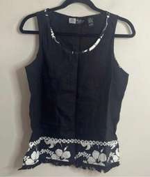 Linen Blend Black and White Floral Trim Sleeveless Top