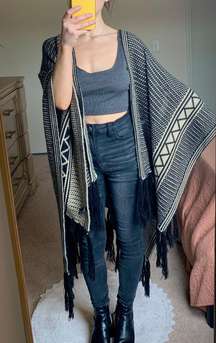 Knitted Fringe Open Poncho  