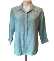 Chicos Button Front Linen Relaxed Fit Blouse Blue/White Stripe, Sz Large…