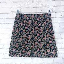 Vintage Blue pretty size 3 black pink blue green yellow floral print mini skirt