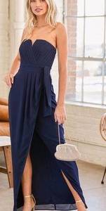 Lulus NEW  Navy Blue Pleated Strapless Maxi Dress Formal Pleated Bodice Women M